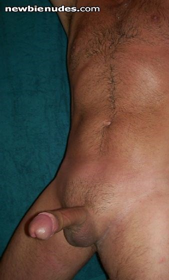 Full body nude with erect penis. Closely trimmed pubic hair. Navel and nipples visible.